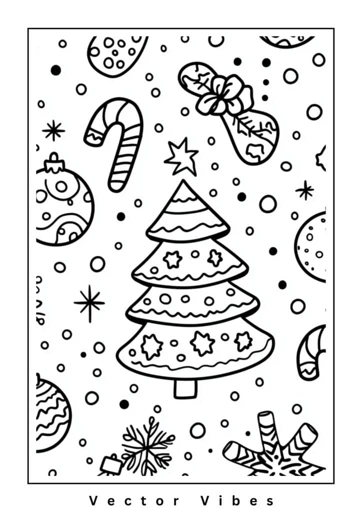 a black and white coloring page of a christmas tree