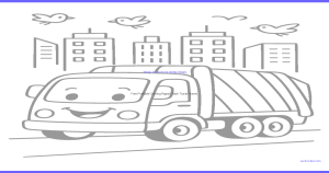 Happy Trash Truck on Busy City Street coloring page, cover of the free Trash Trucks coloring book for kids