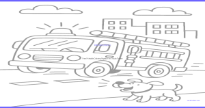 Fire Truck Rescuing a Kitten coloring page, cover of the free Fire Truck coloring book for kids