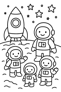 Space Explorers Landing on Vibrant Alien Terrain coloring page, cover of the free Space Explorers coloring book for kids