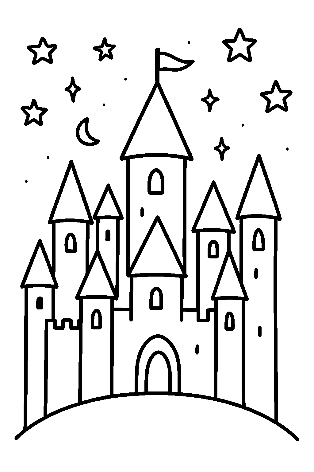 Enchanted Wizard School Castle with Twinkling Stars coloring page, cover of the free Wizard School Magic coloring book for kids