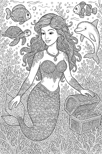 Mermaid With Treasure Chest and Sea Friends coloring page, cover of the free Mermaid Cove coloring book for kids