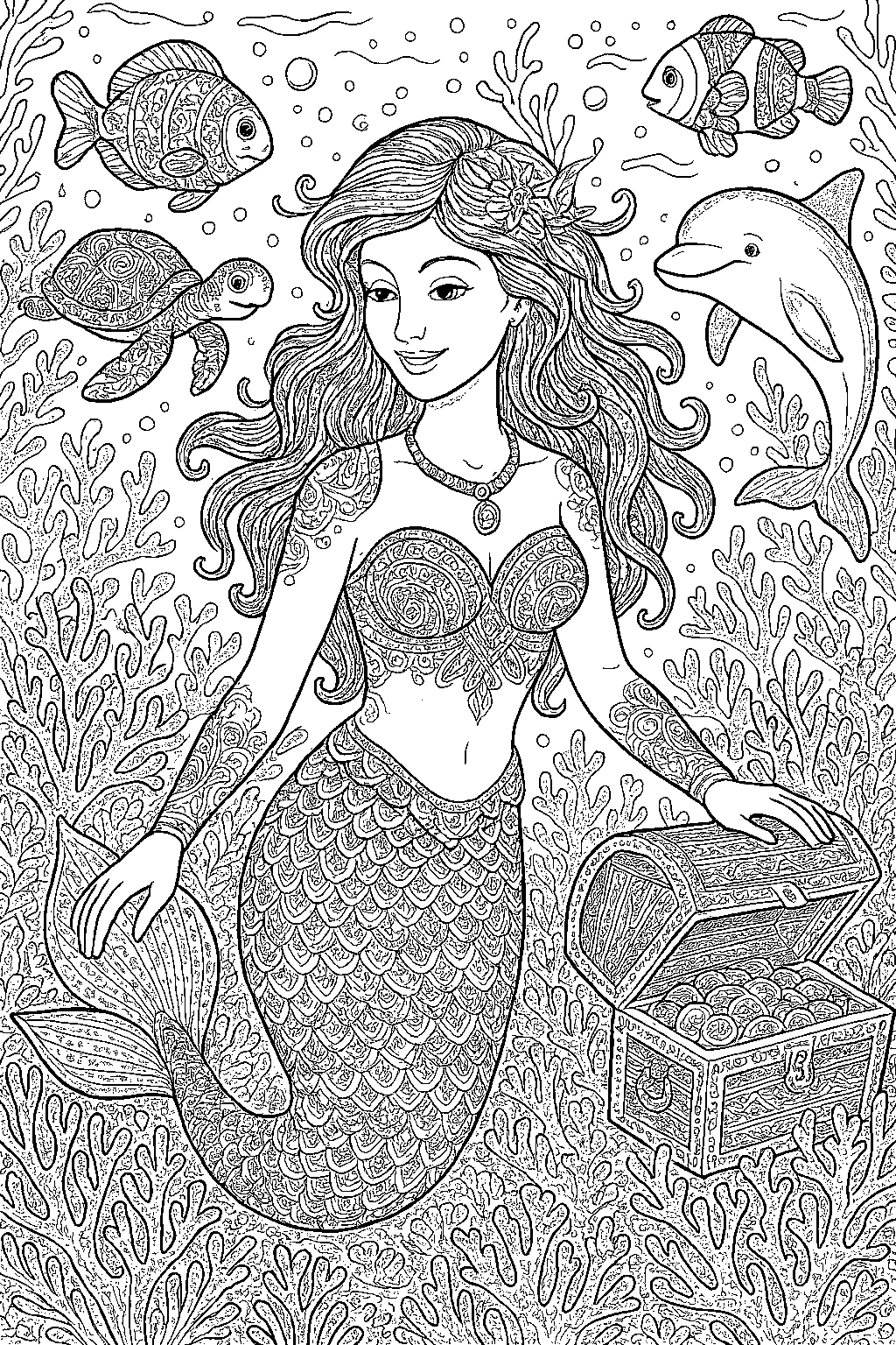 Mermaid With Treasure Chest and Sea Friends coloring page, cover of the free Mermaid Cove coloring book for kids