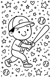 Cheerful Baseball Player Swinging Bat coloring page, cover of the free Baseball coloring book for kids