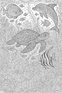 Playful Dolphins Dancing Among Coral coloring page, cover of the free Ocean Friends coloring book for kids