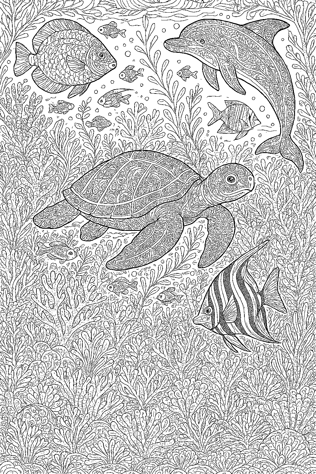 Playful Dolphins Dancing Among Coral coloring page, cover of the free Ocean Friends coloring book for kids