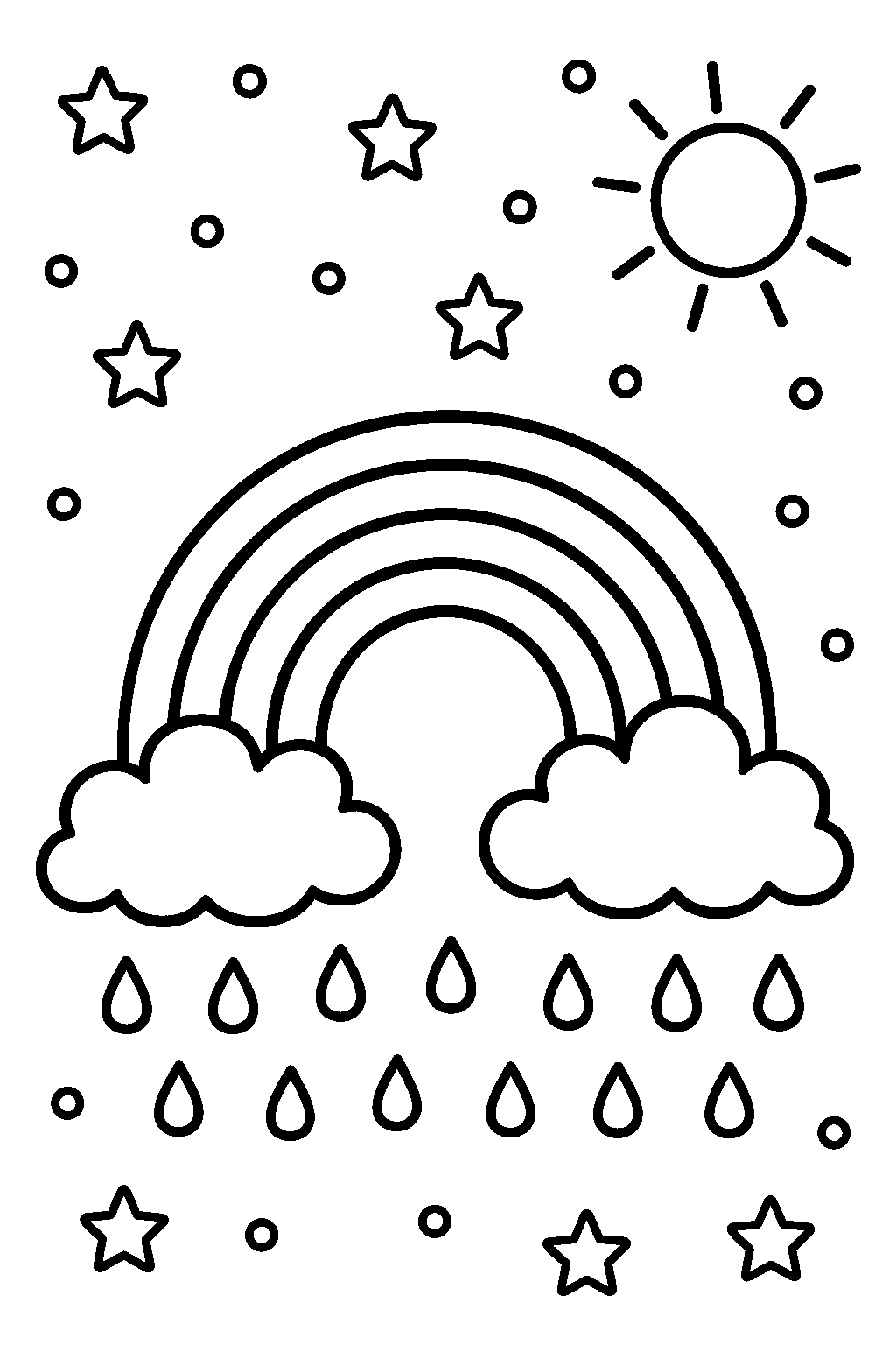 Rainbow with clouds, sun and raindrops