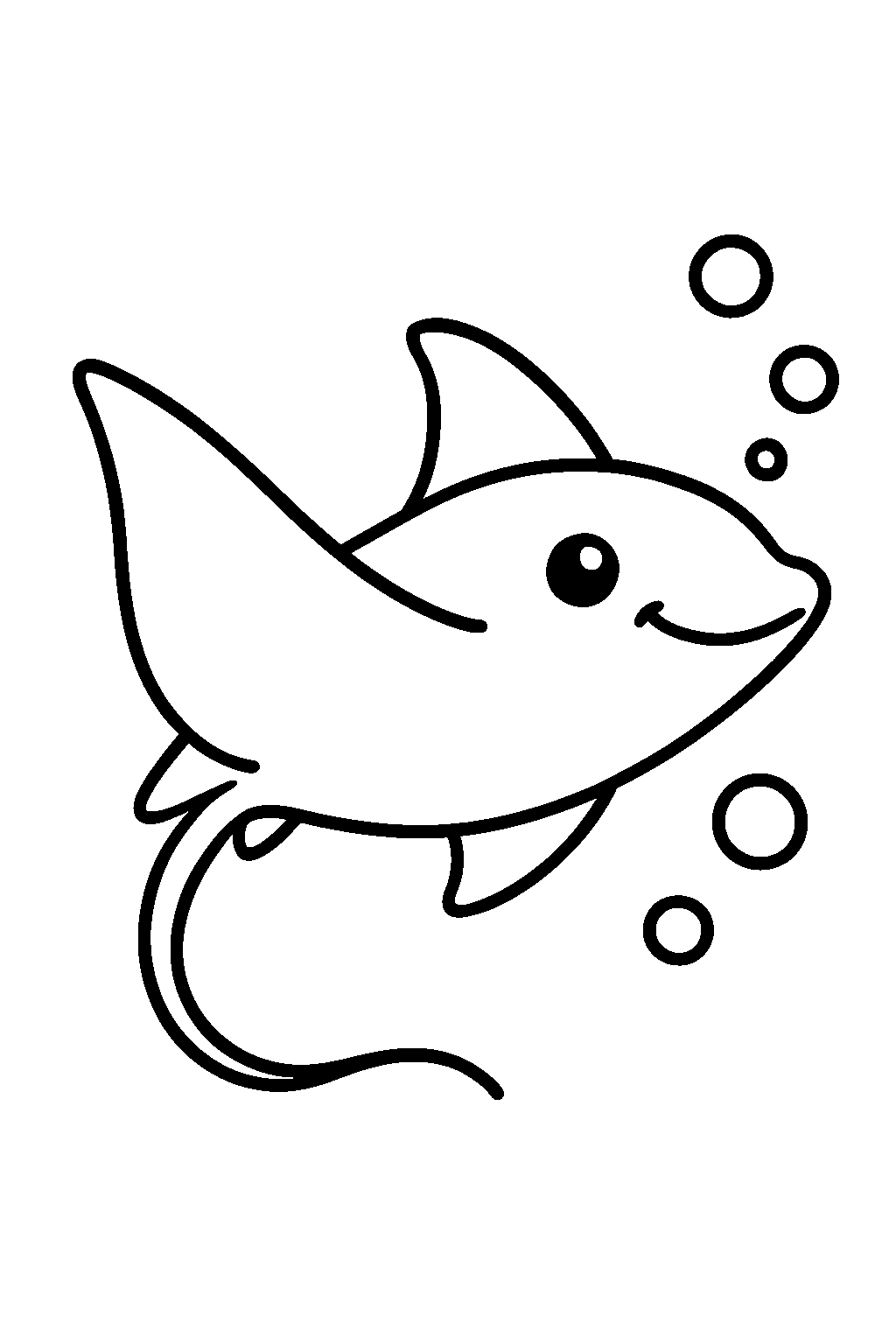 Smiling dolphin/shark-like fish with bubbles, not a manta ray