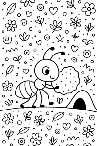 Free printable ant marching with picnic treat coloring page for kids — download and print free at VectorVibez.com