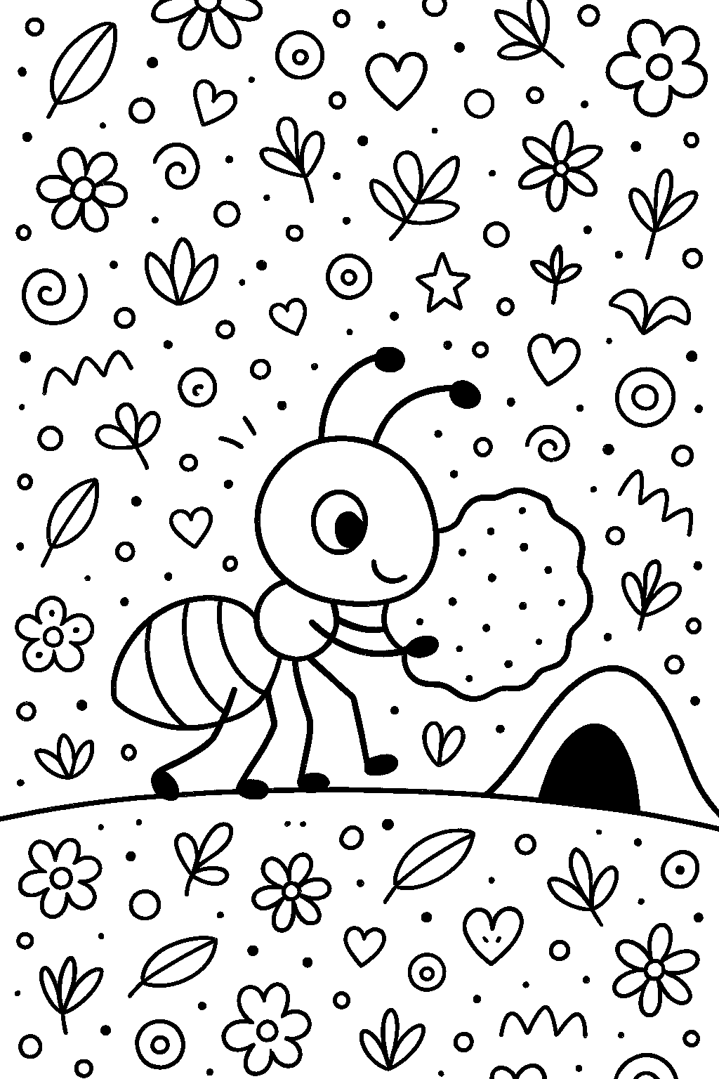 Free printable ant marching with picnic treat coloring page for kids — download and print free at VectorVibez.com