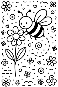 Free printable bumblebee gathering nectar in bloom coloring page for kids — download and print free at VectorVibez.com