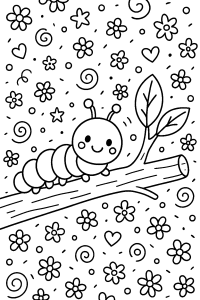 Free printable caterpillar curled on a sunlit branch coloring page for kids — download and print free at VectorVibez.com