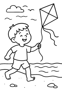Free printable child flying kite on sandy beach coloring page for kids — download and print free at VectorVibez.com