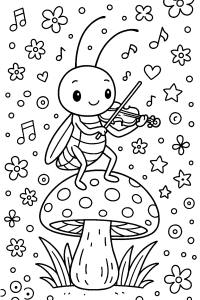Free printable cricket serenading with violin coloring page for kids — download and print free at VectorVibez.com