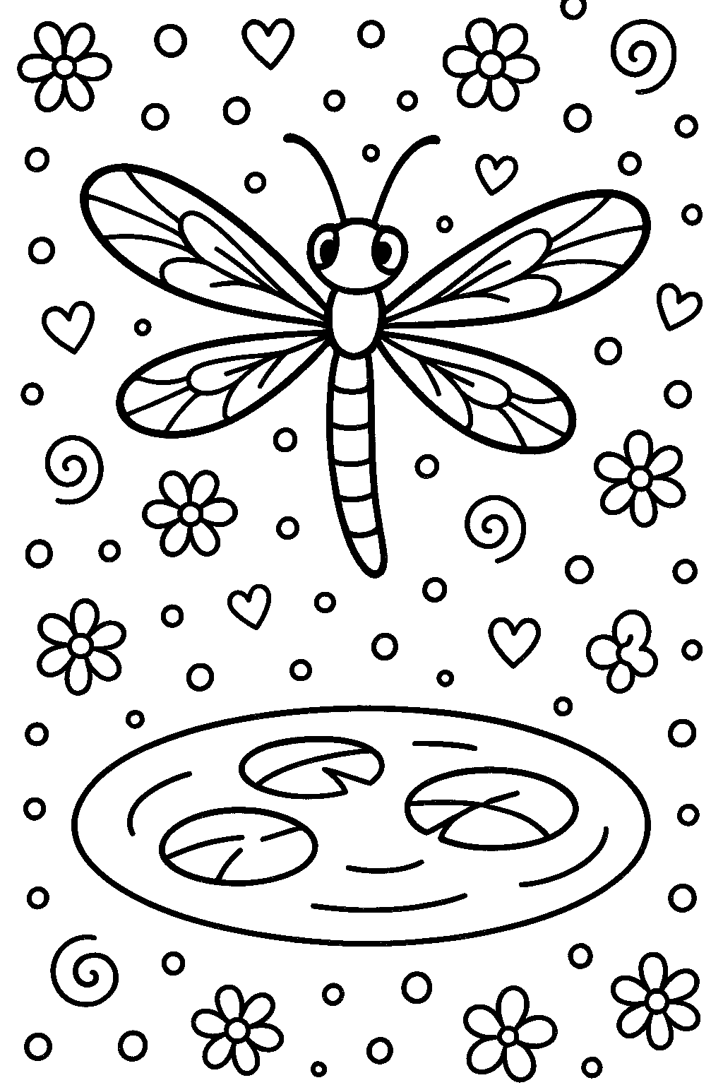 Free printable dragonfly hovering over tranquil pond coloring page for kids — download and print free at VectorVibez.com