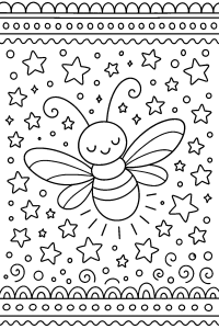 Free printable firefly illuminating a moonlit garden coloring page for kids — download and print free at VectorVibez.com