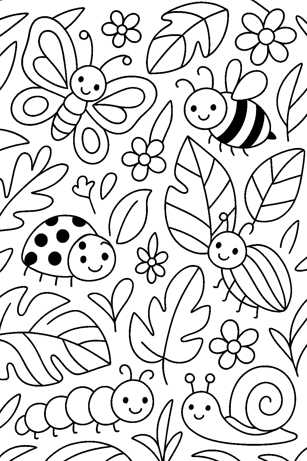 Free printable jungle bugs on a leaf safari coloring page for kids — download and print free at VectorVibez.com