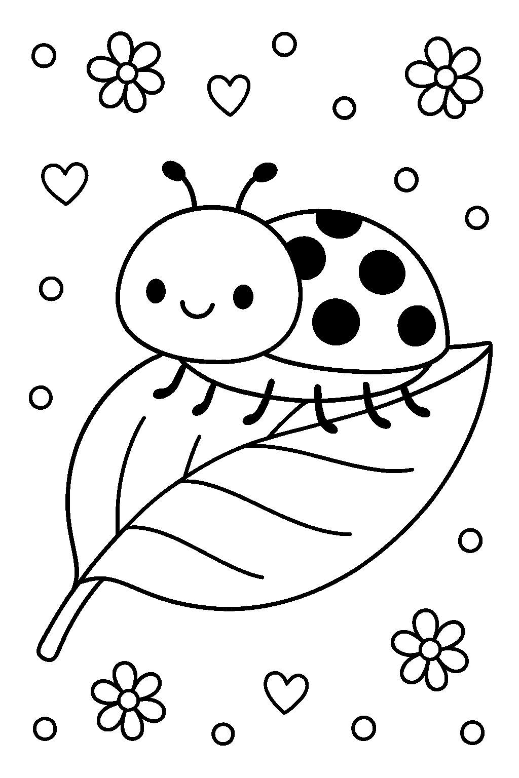 Free printable ladybug spotted on a dewy leaf coloring page for kids — download and print free at VectorVibez.com