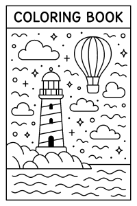 Free Lighthouse and Hot Air Balloon Adventure Coloring Page