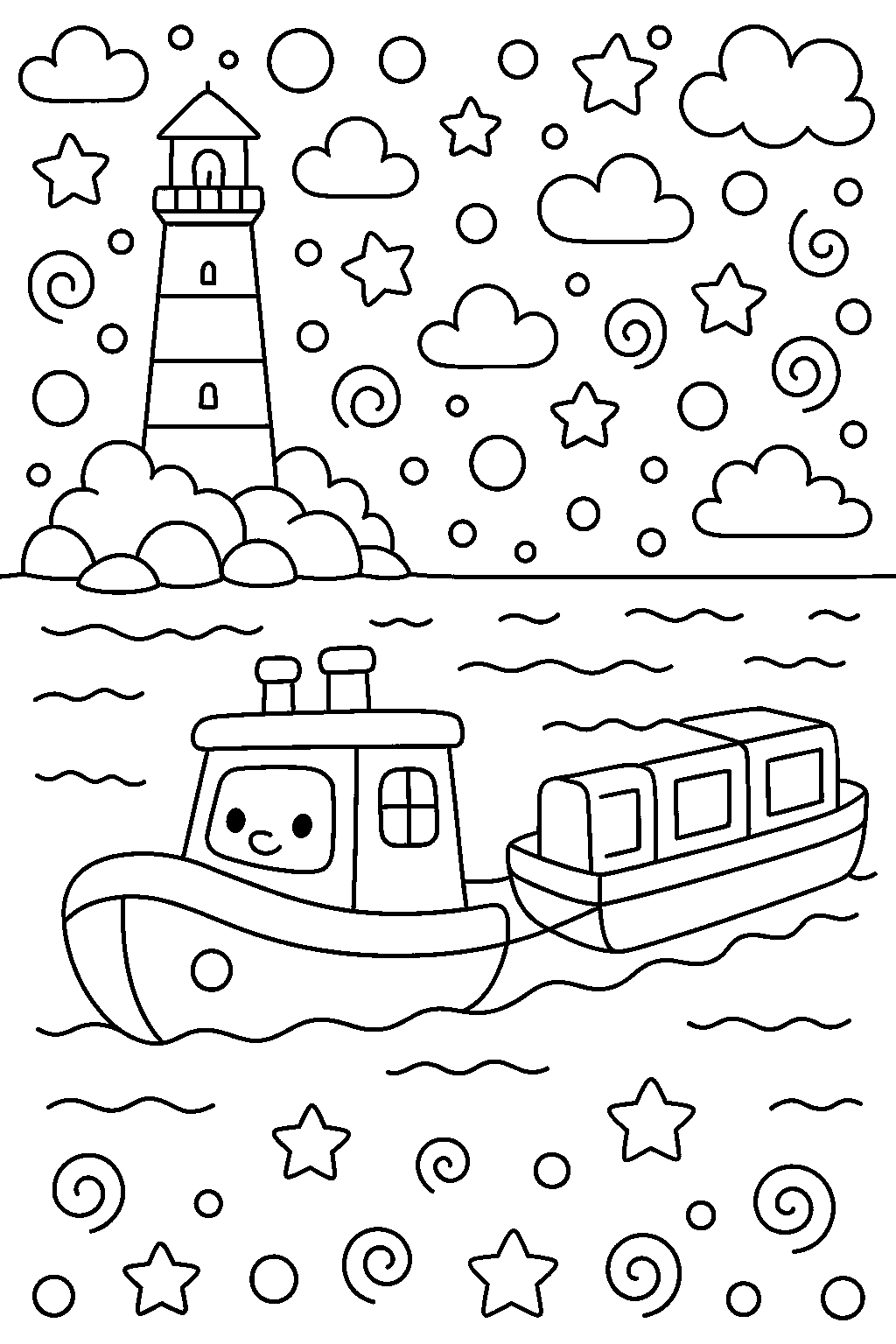 Free printable lighthouse as tugboat pulls barge coloring page for kids — download and print free at VectorVibez.com