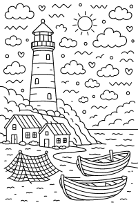 Free printable lighthouse overlooking fishing village coloring page for kids — download and print free at VectorVibez.com