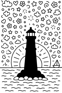 Free printable lighthouse silhouetted boat at sunset coloring page for kids — download and print free at VectorVibez.com