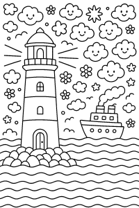 Free printable lighthouse with majestic ship at sea coloring page for kids — download and print free at VectorVibez.com