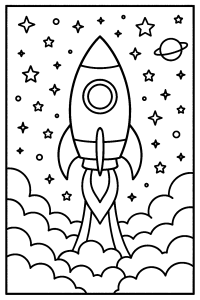 Free printable rocket ship gliding through fluffy clouds coloring page for kids — download and print free at VectorVibez.com