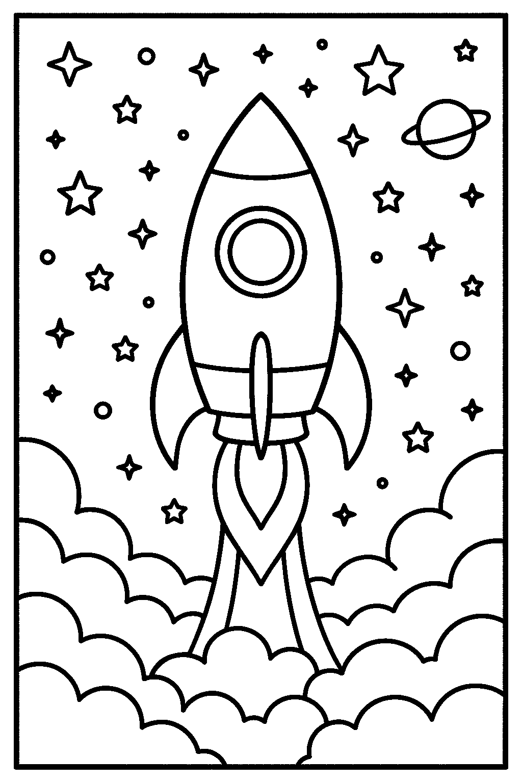Free printable rocket ship gliding through fluffy clouds coloring page for kids — download and print free at VectorVibez.com