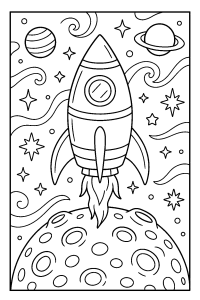 Free printable rocket ship landing on a tiny planet coloring page for kids — download and print free at VectorVibez.com