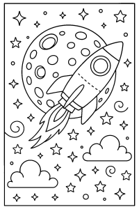 Free printable rocket ship soaring by a massive moon coloring page for kids — download and print free at VectorVibez.com