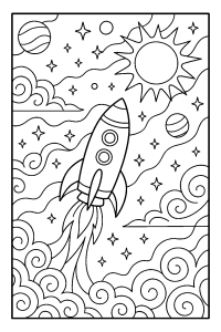 Free printable rocket ship with distant sun glow coloring page for kids — download and print free at VectorVibez.com