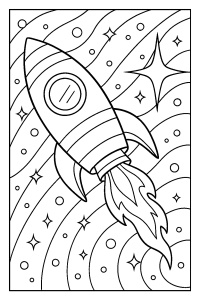 Free printable rocket ship zooming past twinkling star coloring page for kids — download and print free at VectorVibez.com