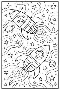Free printable rocket ships racing through cosmic dust coloring page for kids — download and print free at VectorVibez.com