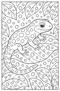 Free printable salamander resting on mossy log coloring page for kids — download and print free at VectorVibez.com