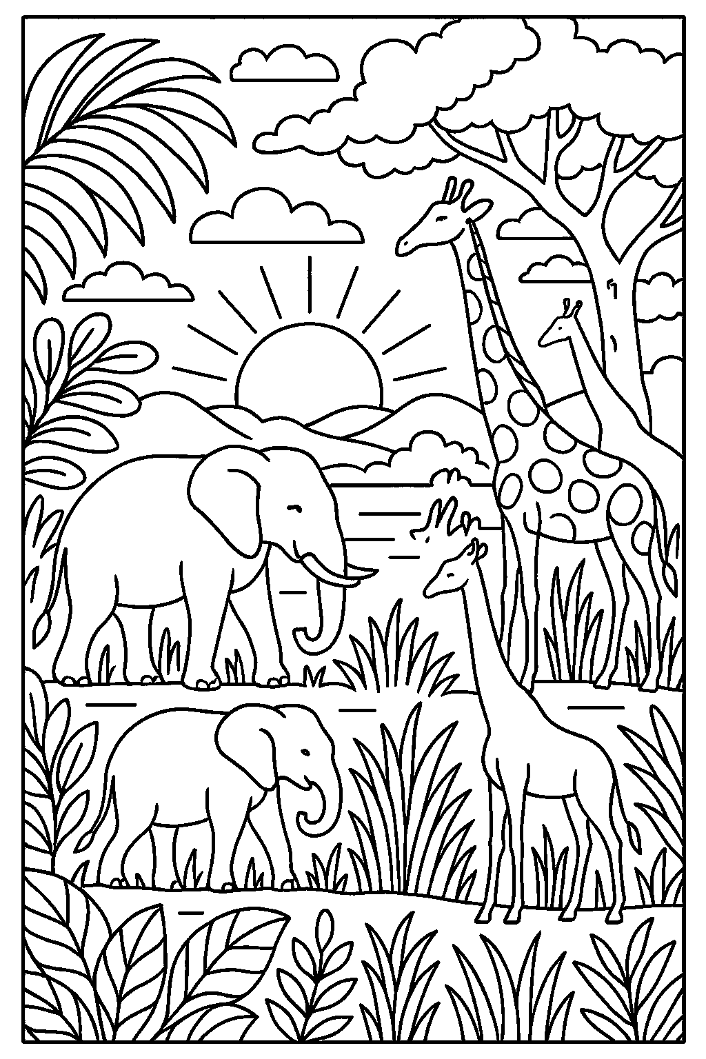 Elephants and giraffes on savanna at sunset