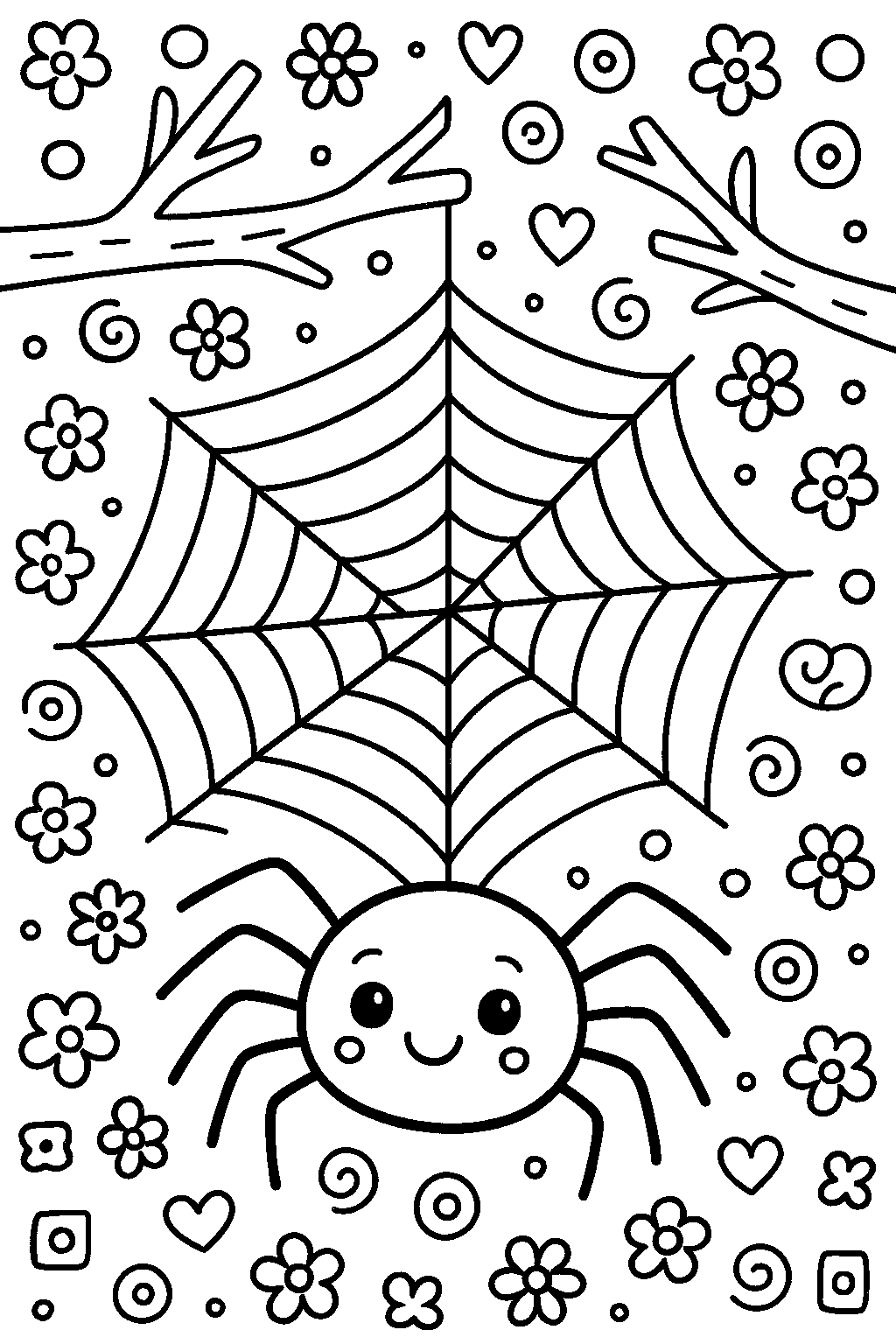 Free printable spider weaving intricate patterns coloring page for kids — download and print free at VectorVibez.com