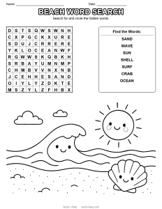 Free Starfish and Beach Towel Word Search Coloring Page