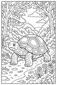 Free printable tortoise on a peaceful forest path coloring page for kids — download and print free at VectorVibez.com
