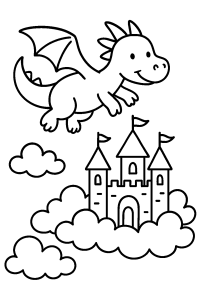 Majestic Dragon Soaring Over Cloud Castle coloring page, cover of the free Dragon Kingdom coloring book for kids