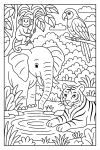 Jungle Animals Gathering at Watering Hole coloring page, cover of the free Jungle Animals coloring book for kids