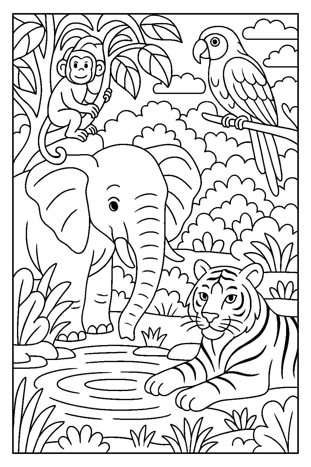 Jungle Animals Gathering at Watering Hole coloring page, cover of the free Jungle Animals coloring book for kids