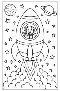 Rocket Ship Blasting Off Past Planets coloring page, cover of the free Rocket Ships coloring book for kids