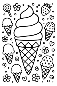 Giant Ice Cream Cone Surrounded by Flavorful Friends coloring page, cover of the free Ice Cream Cones coloring book for kids