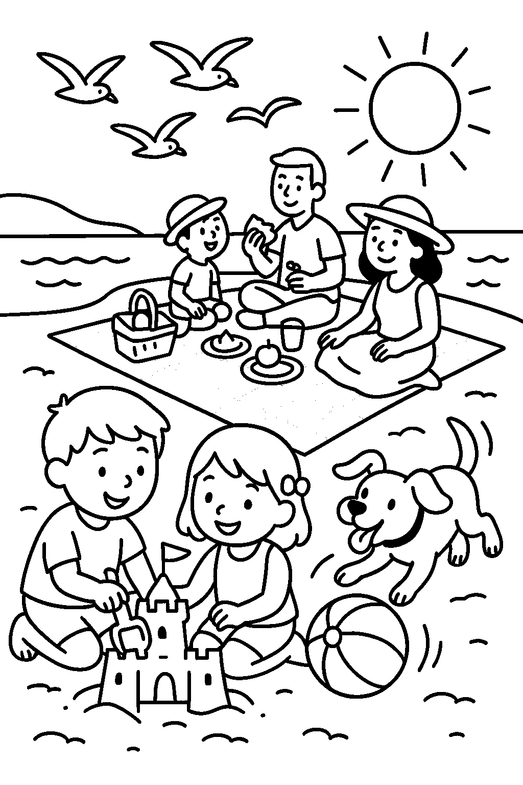 Sandcastle Competition on a Sunny Beach coloring page, cover of the free Beach coloring book for kids