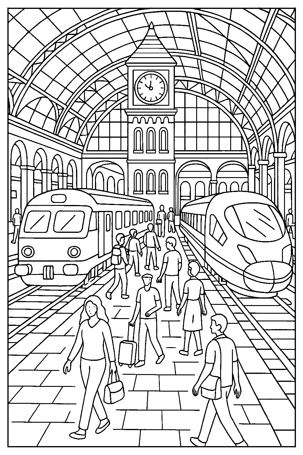 Steam Train Arriving at Busy Station coloring page, cover of the free Train Station coloring book for kids