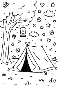 Free Cozy Tent and Tree Swing Coloring Page
