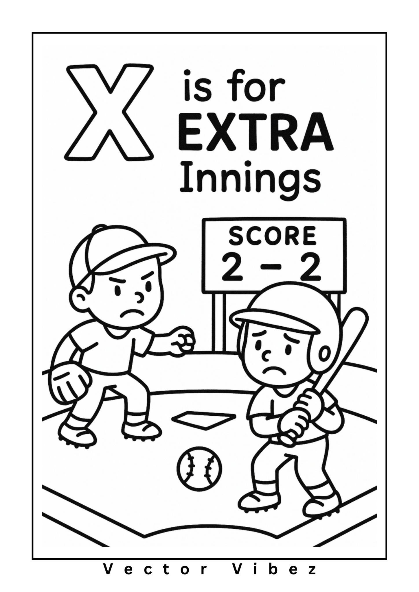 Baseball alphabet page: 'X is for Extra Innings