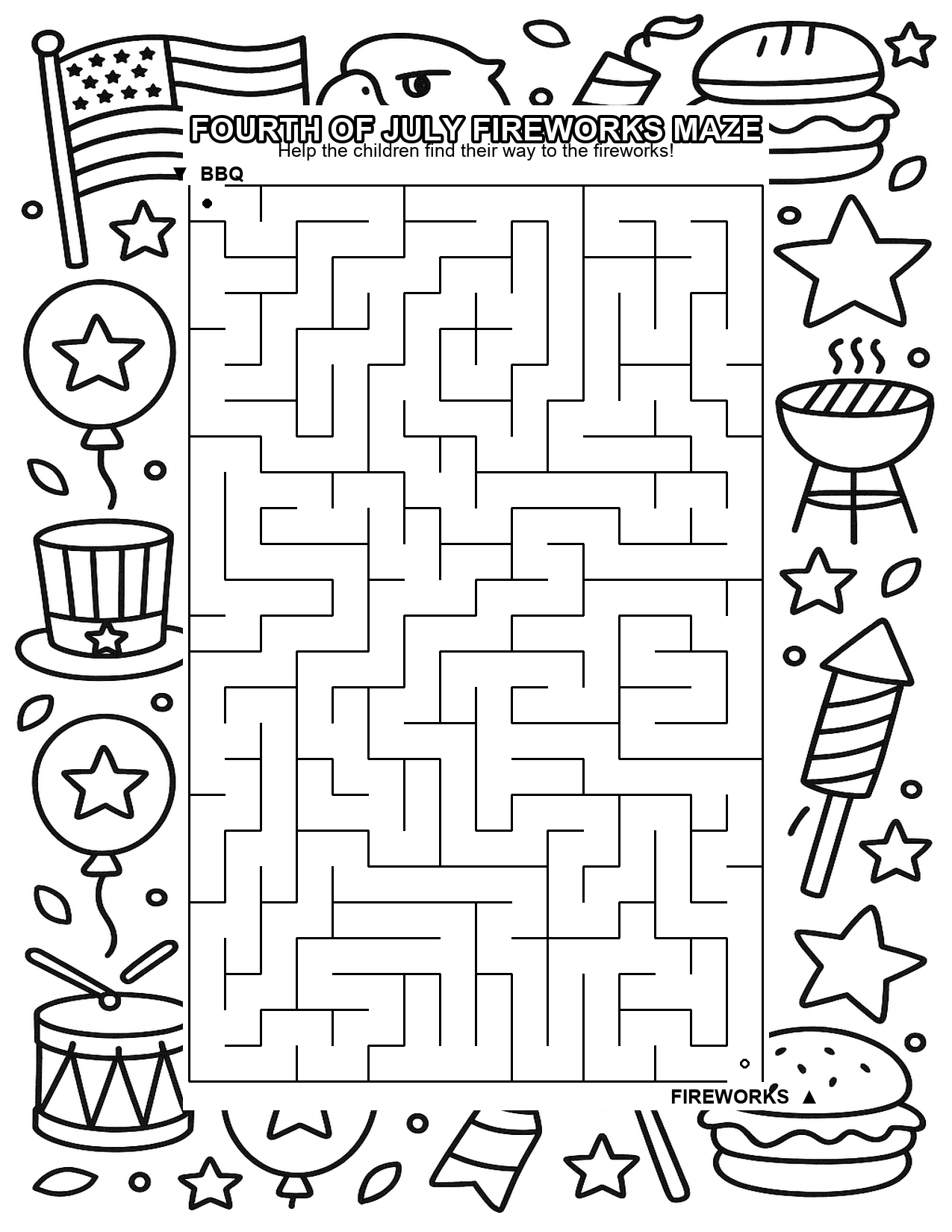 Fourth of July maze with patriotic icons