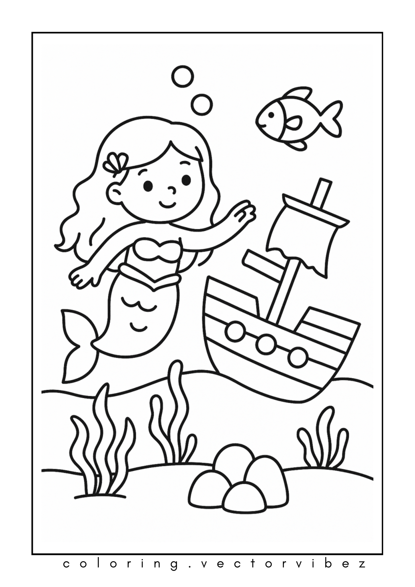 Mermaid Riding a Dolphin Near a Sunken Ship coloring page, cover of the free Mermaid coloring book for kids